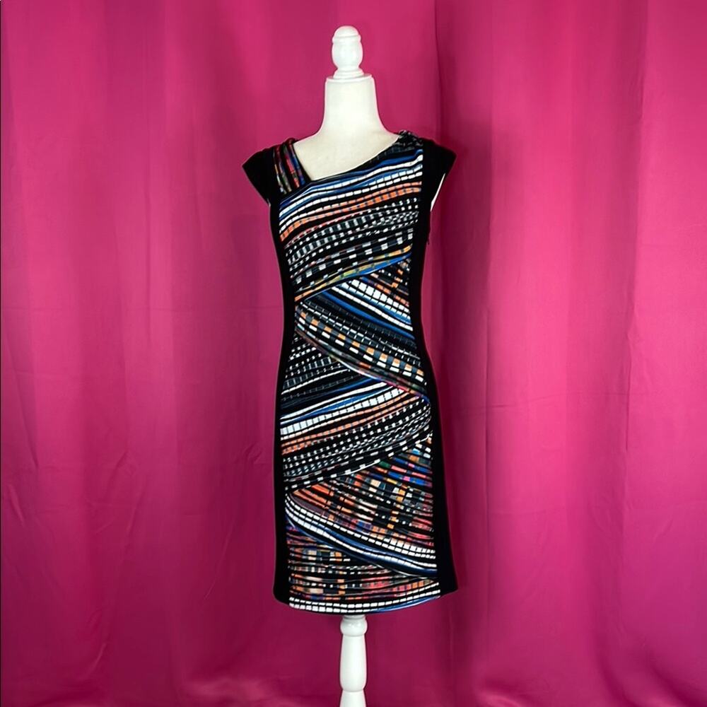 Joseph Ribkoff geometric line sheath wiggle cocktail party dress, size 8